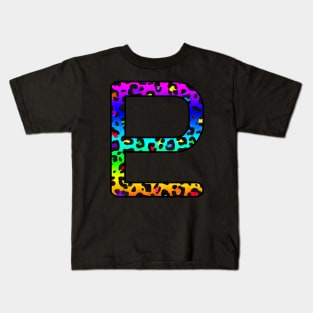 Pluto Planet Symbol in Dark Rainbow Leopard Print Kids T-Shirt